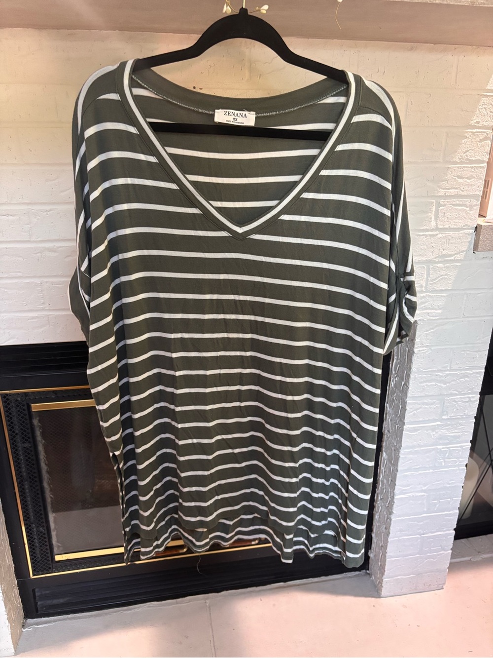Zenana Outfitters Olive Green and White Striped V-Neck Short Sleeve Top